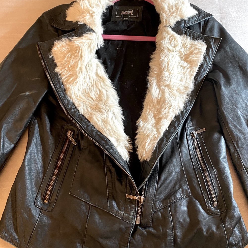 Black Faux Leather Jacket with Cream Faux Fur Collar
